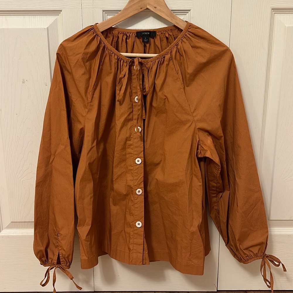 Jcrew women long sleeve shirt button up burnt orange peasant boho top size large